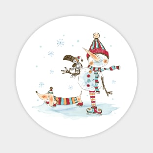 Watercolor Snowman and Dachshund Magnet